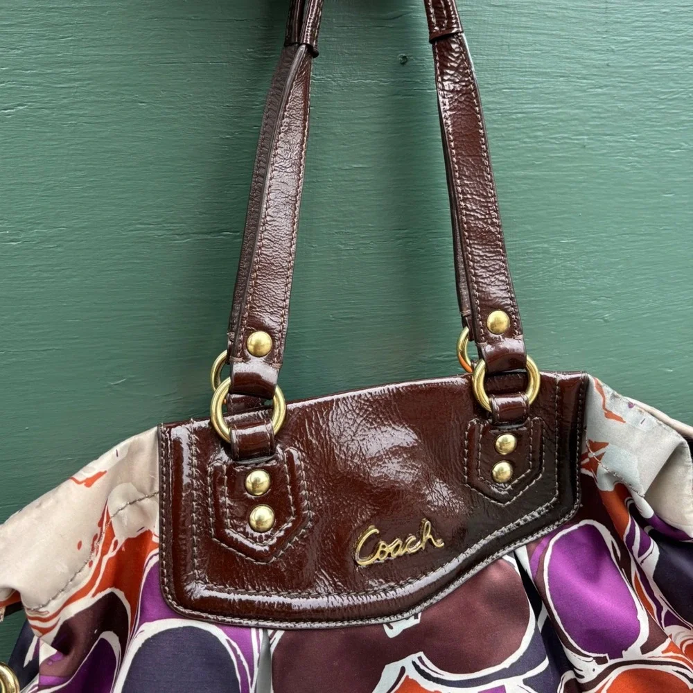 Coach Poppy Signature Sateen Applique Satchel Purple Orange Brown F20118 Womens